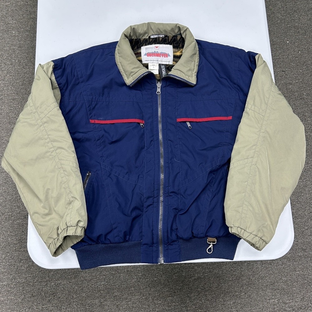 Obermeyer Ski Jacket Mens L Blue Tan Vintage Colorblock Insulated Full Zip